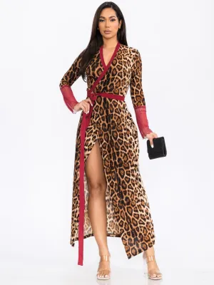 WOMEN'S LONG SLEEVE SELF TIE ANIMAL PRINT WRAP MAXI DRESS