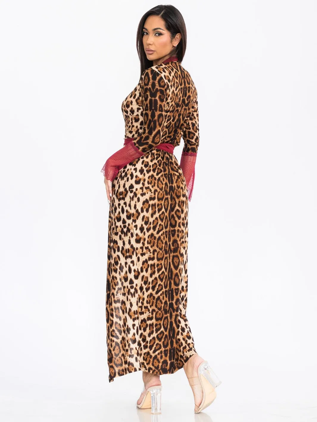WOMEN'S LONG SLEEVE SELF TIE ANIMAL PRINT WRAP MAXI DRESS