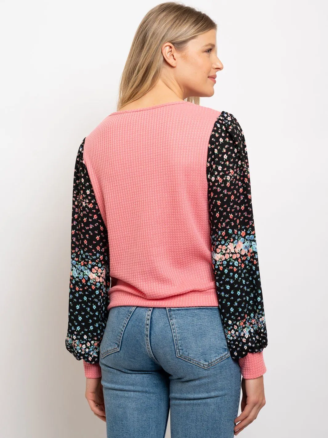 WOMEN'S LONG SLEEVE SURPLICE WAFFLE CONTRAST TOP