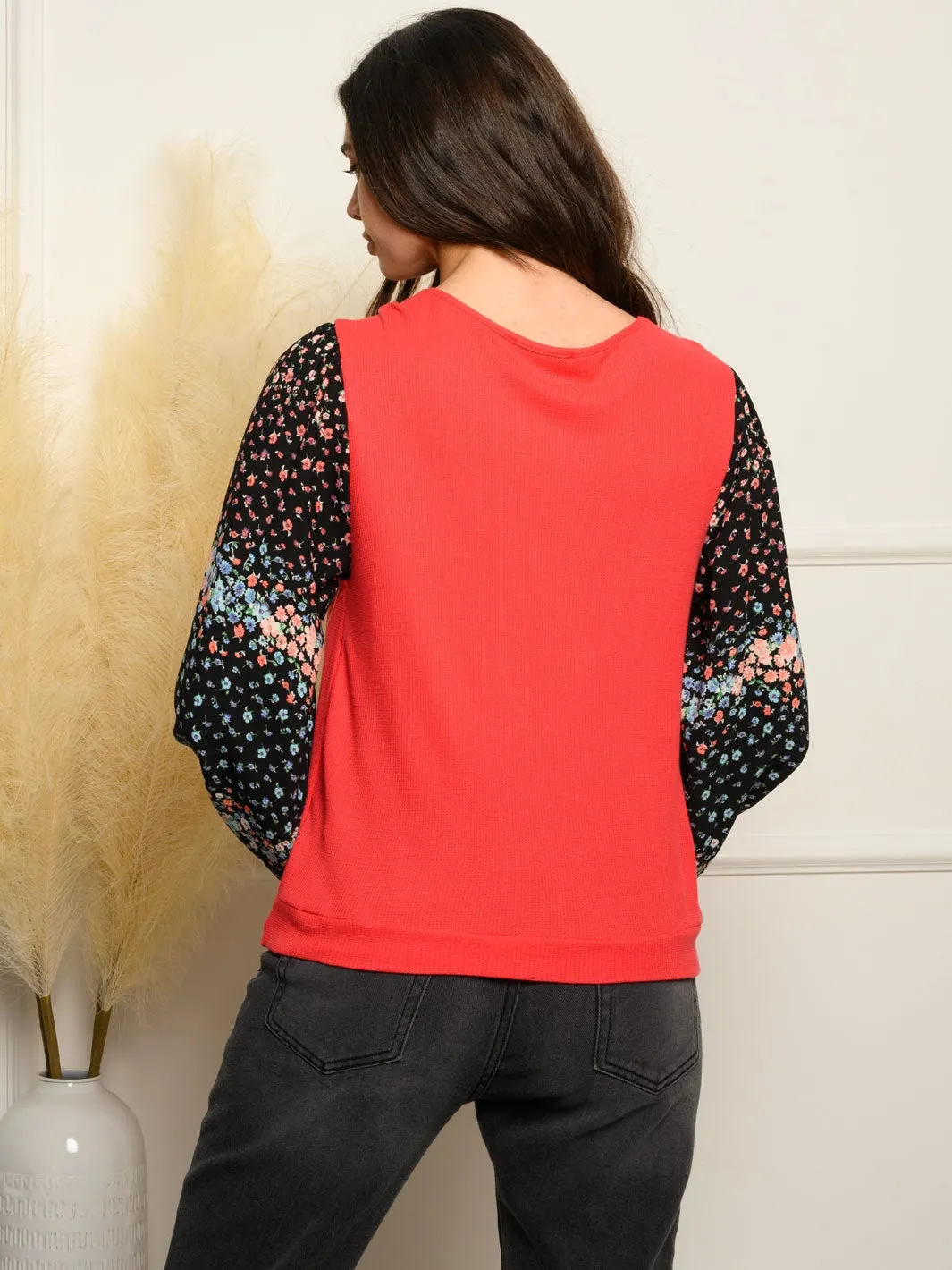 WOMEN'S LONG SLEEVE SURPLICE WAFFLE CONTRAST TOP