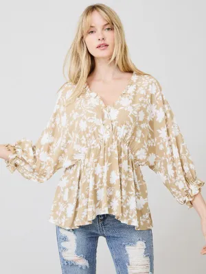 WOMEN'S LONG SLEEVE V-NECK BABYDOLL FLORAL TOP