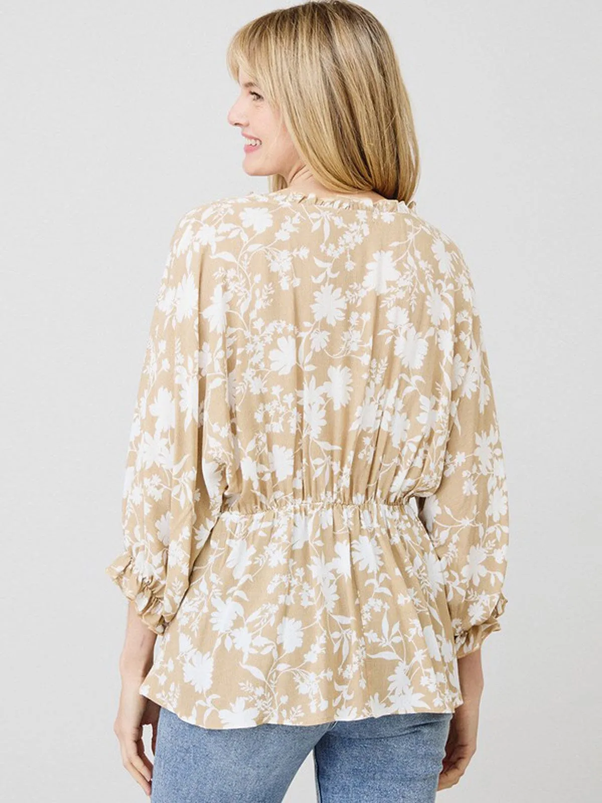 WOMEN'S LONG SLEEVE V-NECK BABYDOLL FLORAL TOP