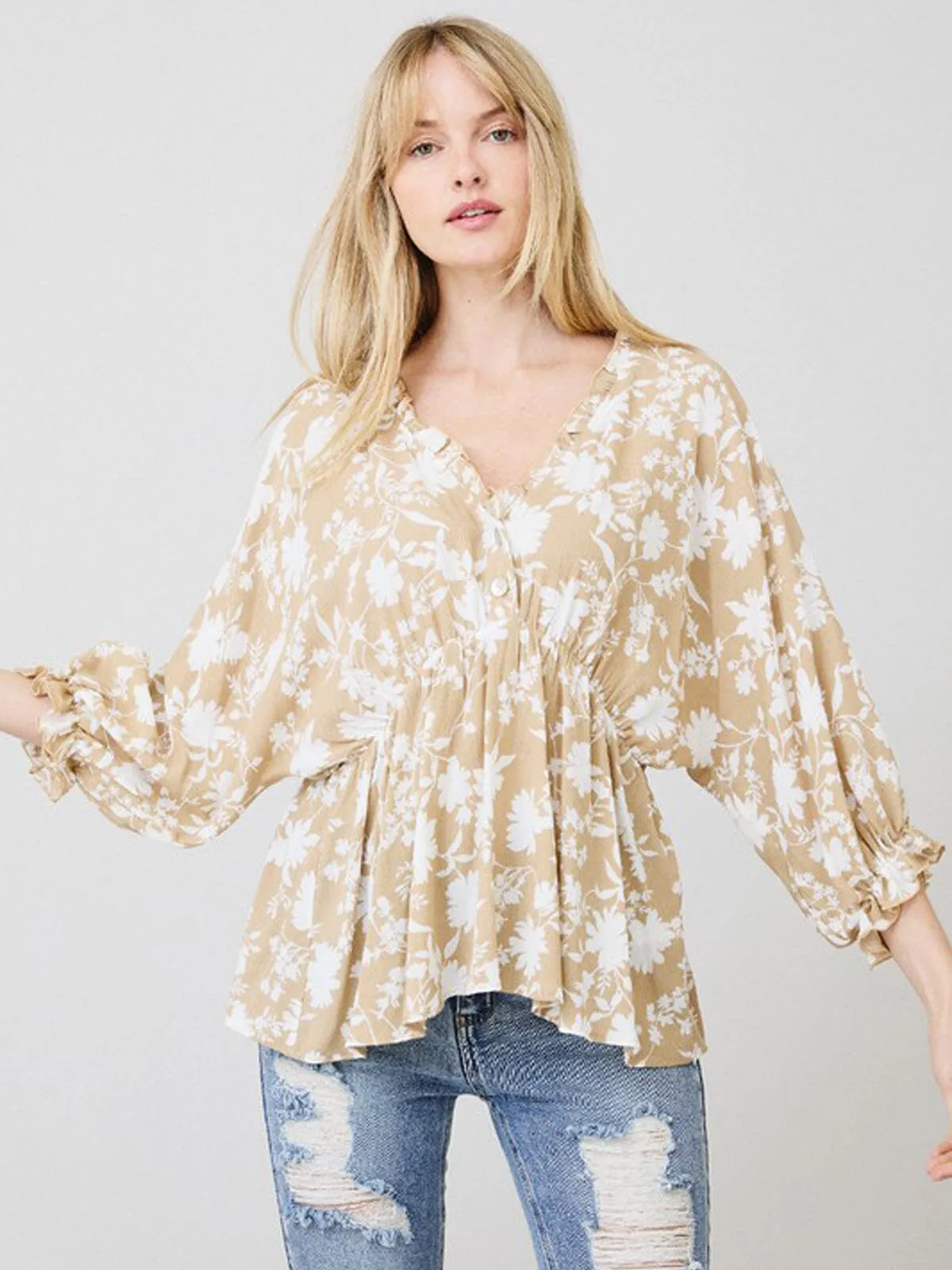 WOMEN'S LONG SLEEVE V-NECK BABYDOLL FLORAL TOP