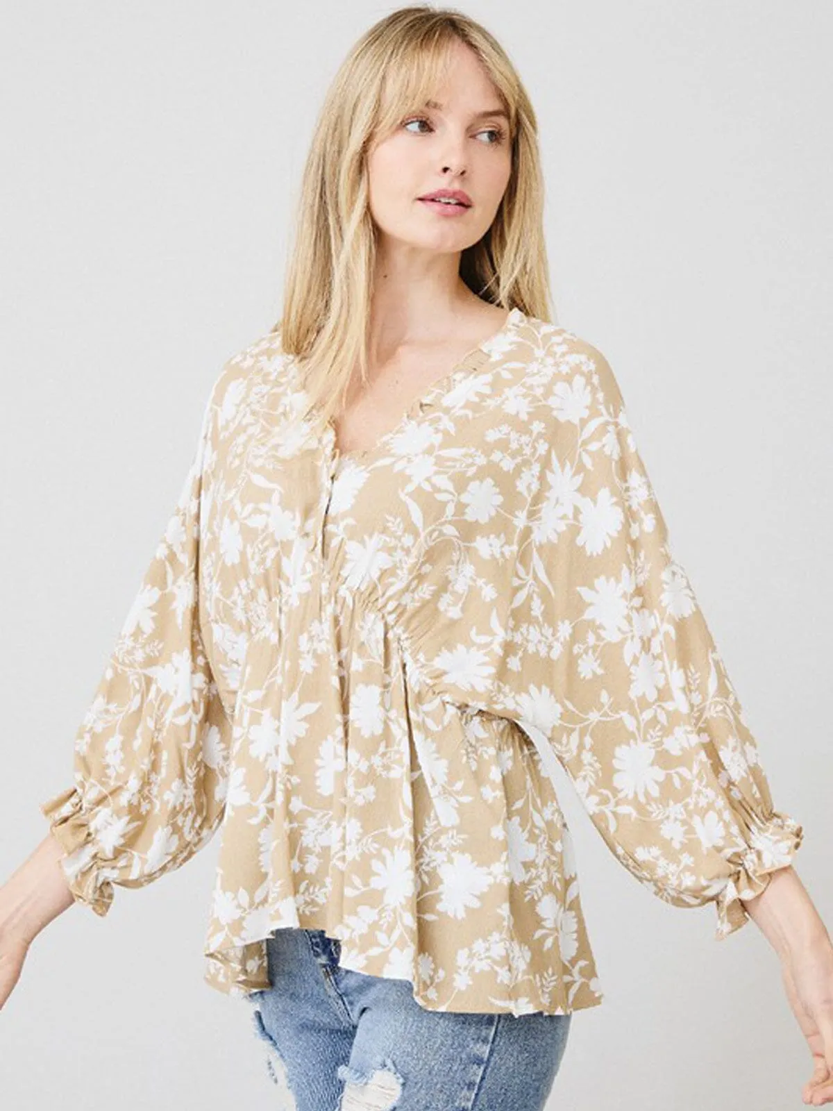 WOMEN'S LONG SLEEVE V-NECK BABYDOLL FLORAL TOP