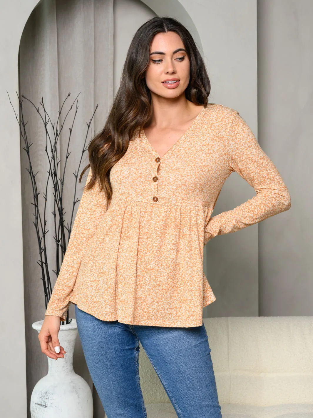 WOMEN'S LONG SLEEVE V-NECK FLORAL BABYDOLL TOP