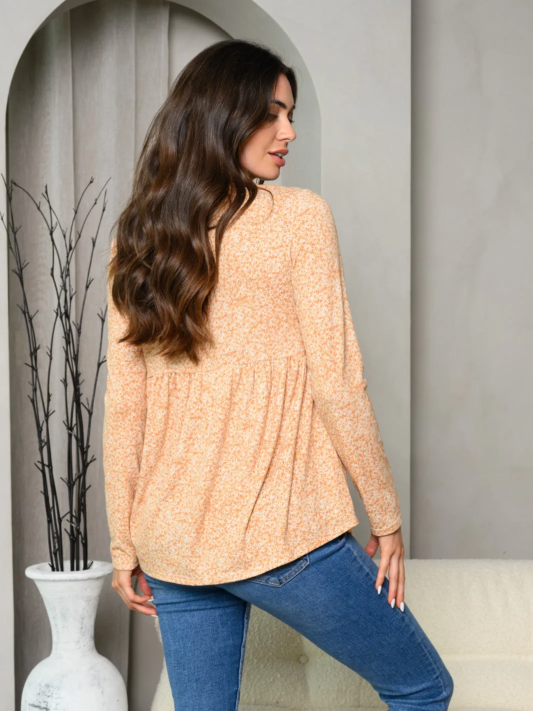 WOMEN'S LONG SLEEVE V-NECK FLORAL BABYDOLL TOP