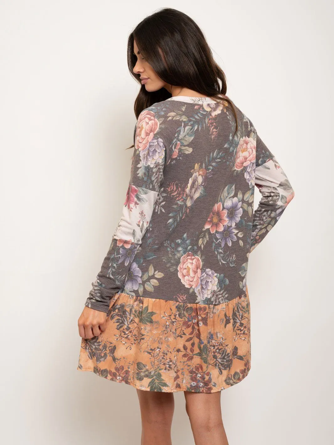 WOMEN'S LONG SLEEVE V-NECK FLORAL MINI DRESS