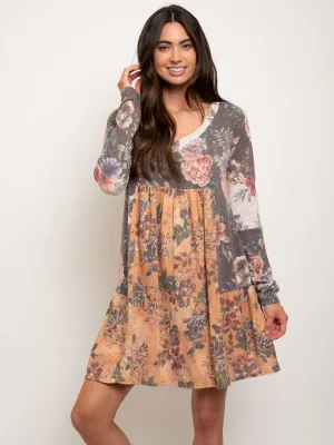 WOMEN'S LONG SLEEVE V-NECK FLORAL MINI DRESS