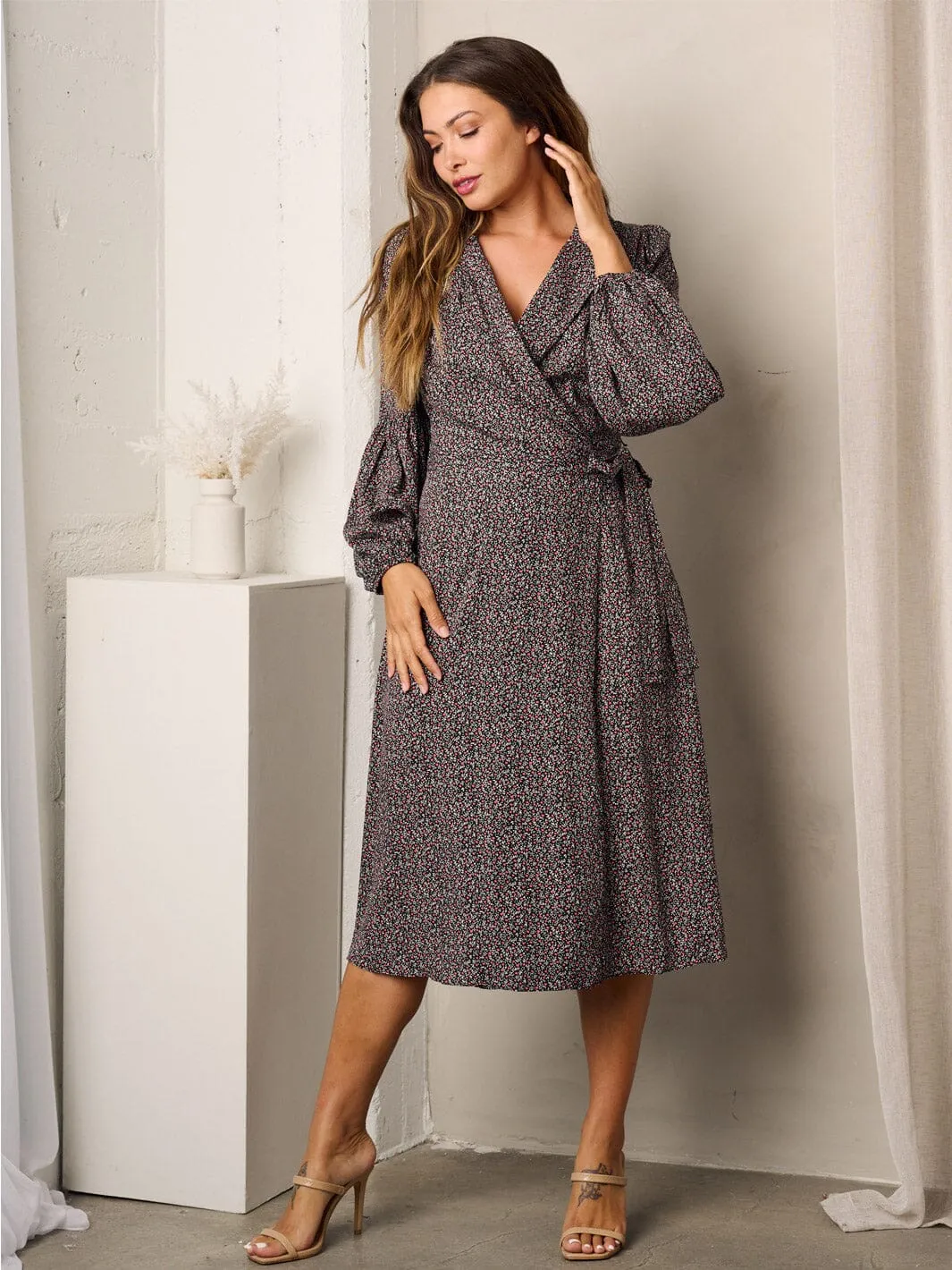 WOMEN'S LONG SLEEVE WRAP FLORAL MIDI DRESS