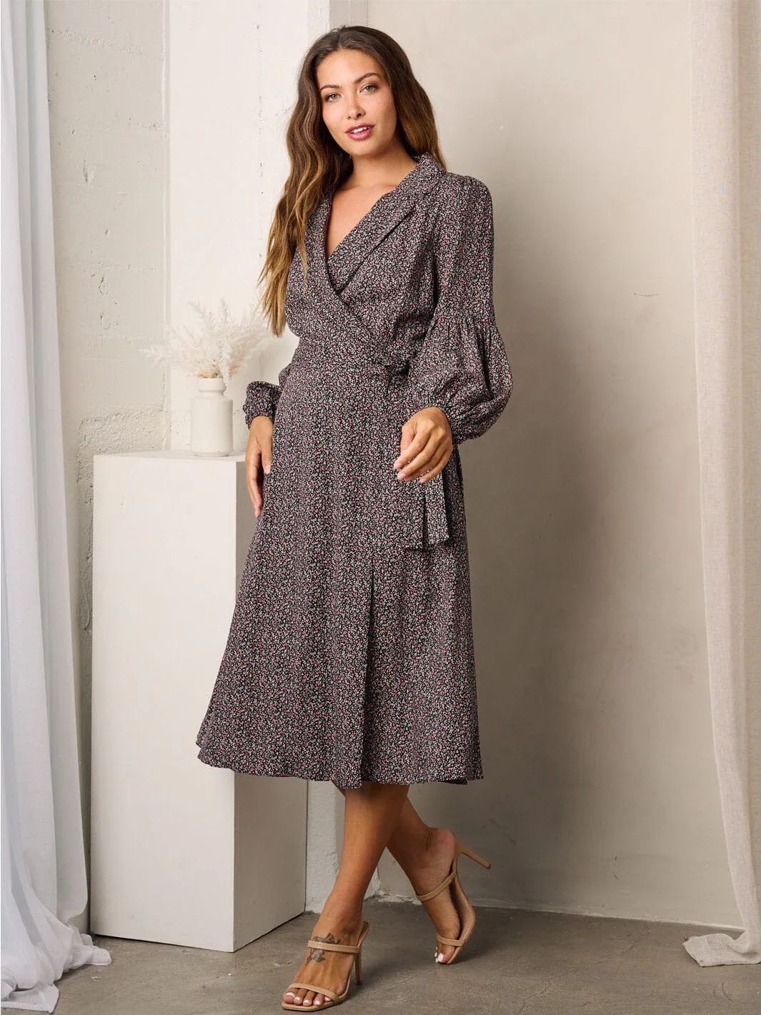 WOMEN'S LONG SLEEVE WRAP FLORAL MIDI DRESS