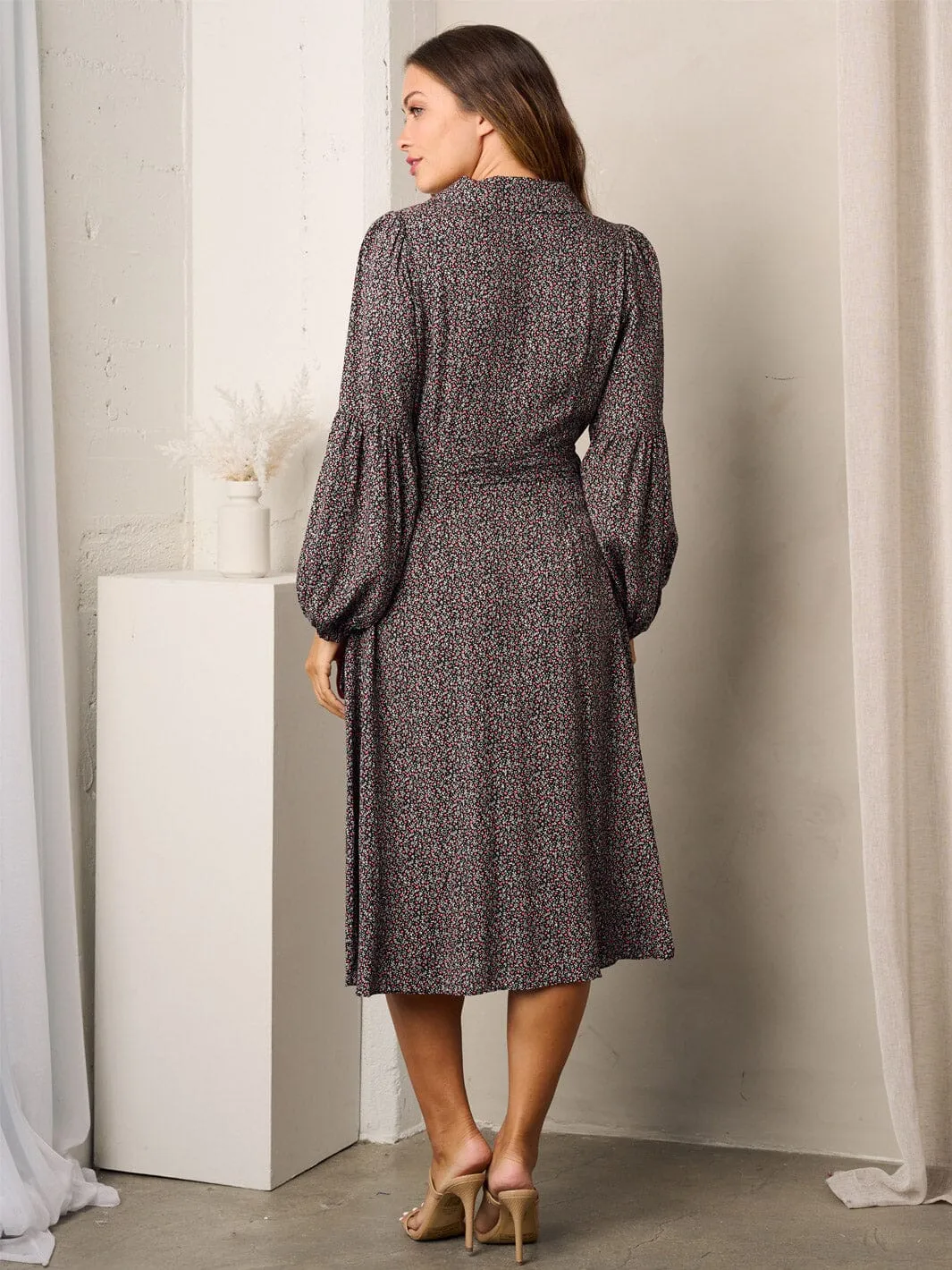 WOMEN'S LONG SLEEVE WRAP FLORAL MIDI DRESS