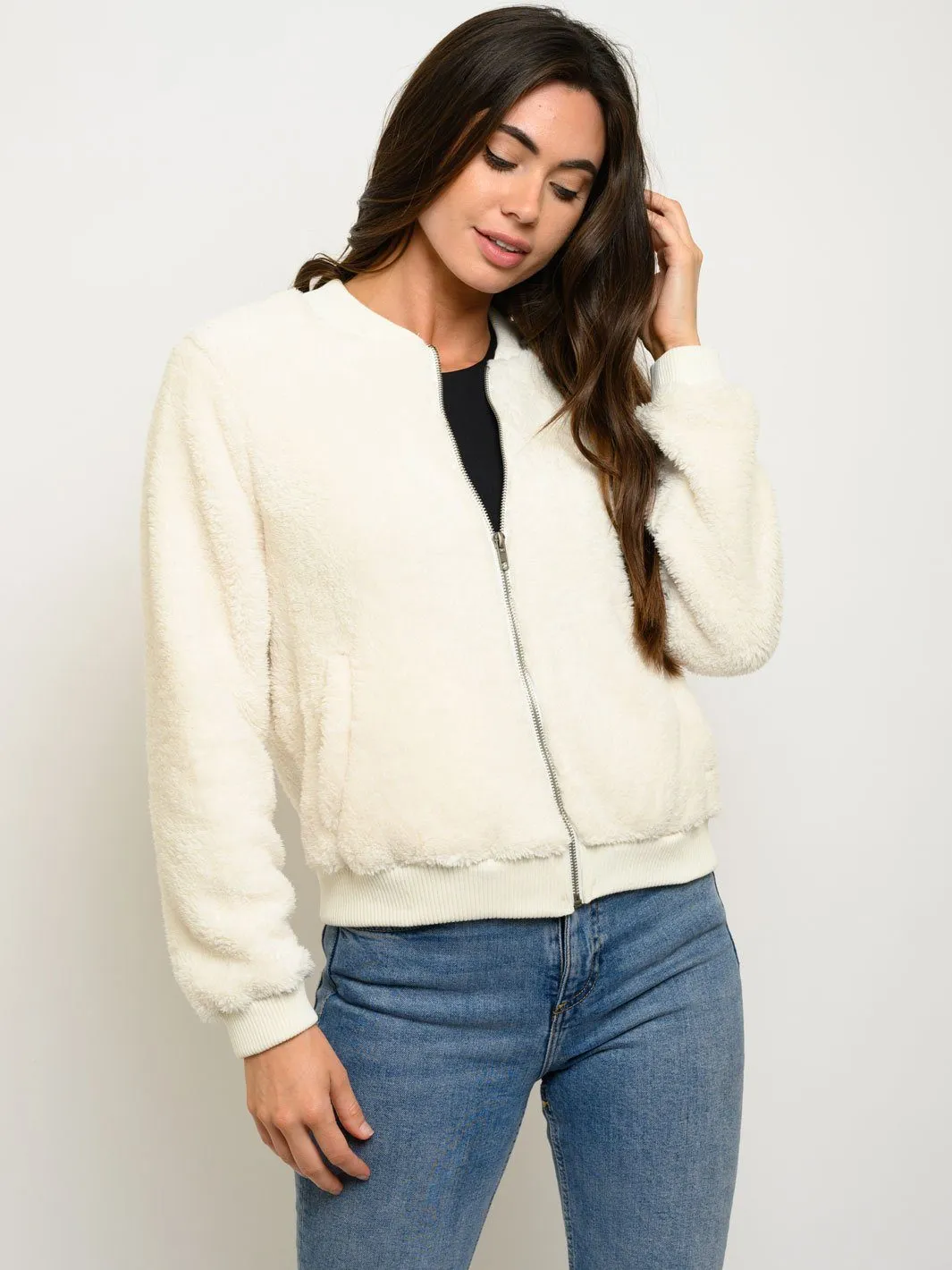 WOMEN'S LONG SLEEVE ZIP UP FUZZY BOMBER JACKET
