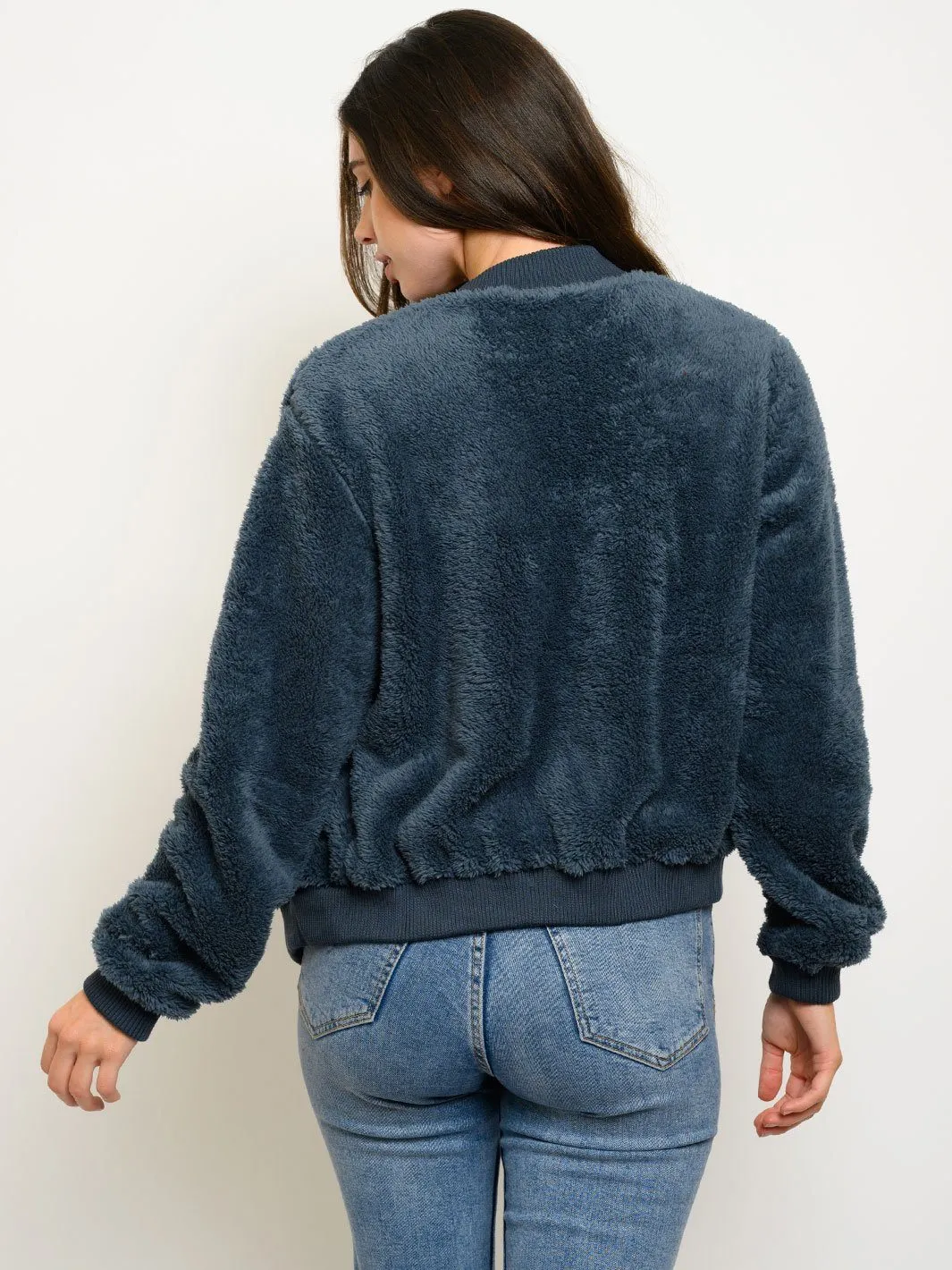 WOMEN'S LONG SLEEVE ZIP UP FUZZY BOMBER JACKET