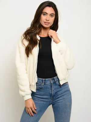WOMEN'S LONG SLEEVE ZIP UP FUZZY BOMBER JACKET