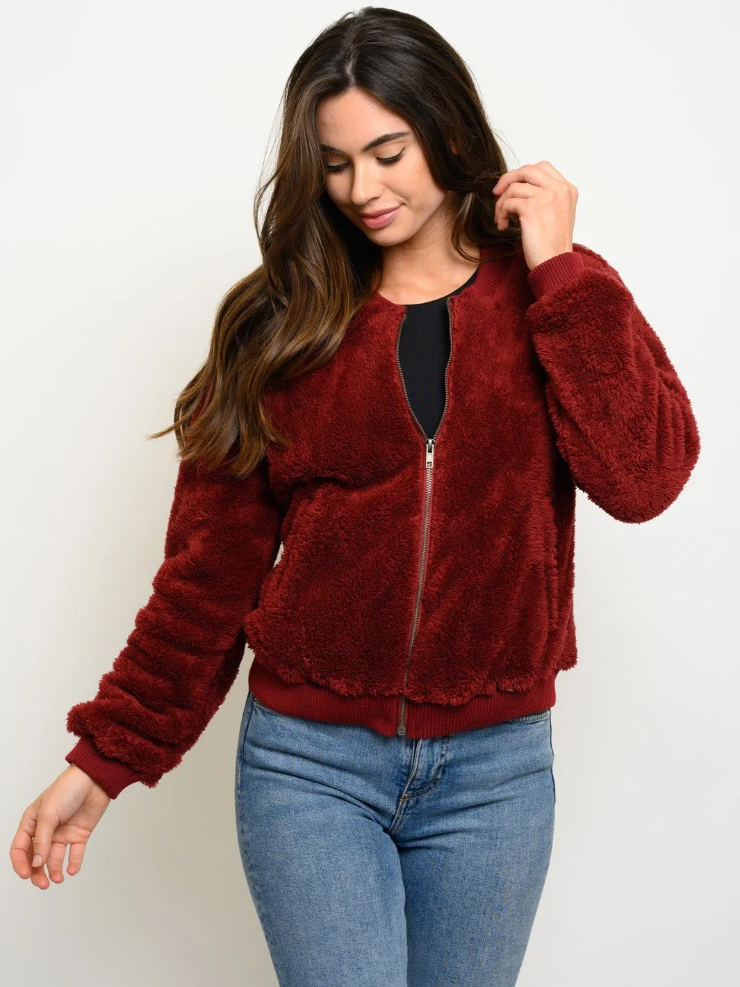 WOMEN'S LONG SLEEVE ZIP UP FUZZY BOMBER JACKET