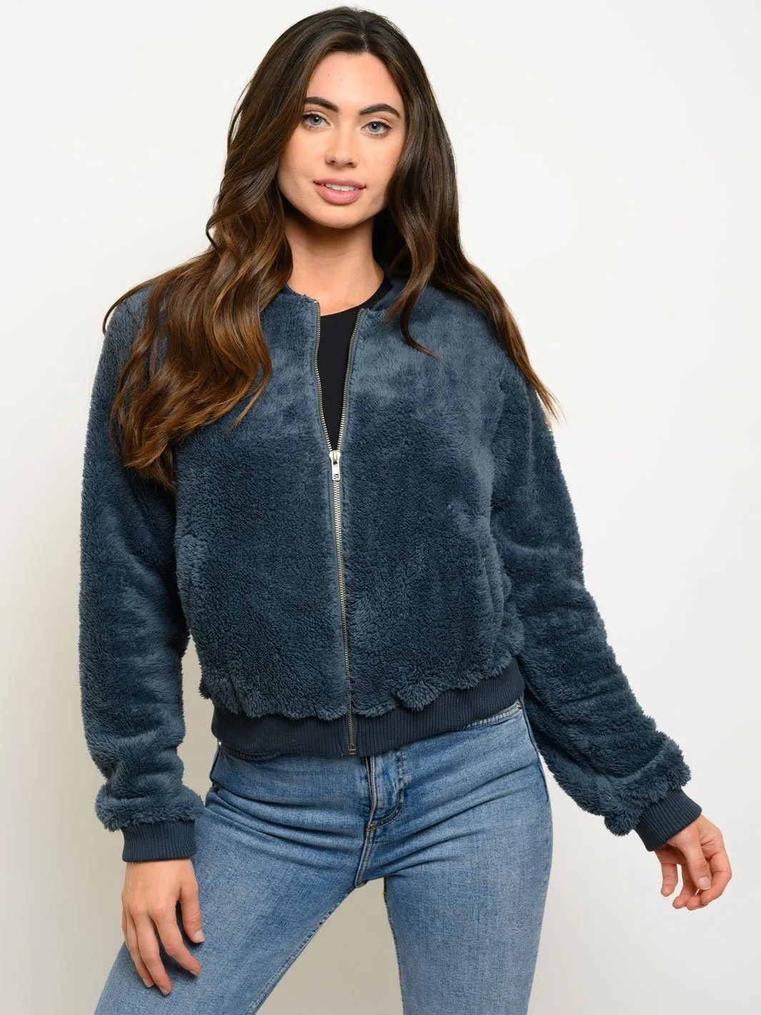 WOMEN'S LONG SLEEVE ZIP UP FUZZY BOMBER JACKET