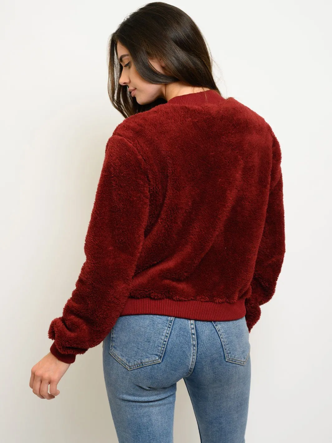WOMEN'S LONG SLEEVE ZIP UP FUZZY BOMBER JACKET