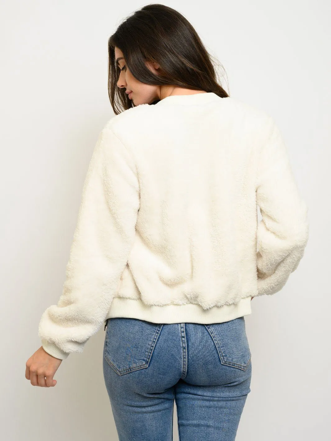 WOMEN'S LONG SLEEVE ZIP UP FUZZY BOMBER JACKET