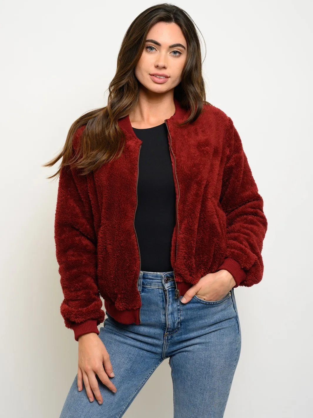 WOMEN'S LONG SLEEVE ZIP UP FUZZY BOMBER JACKET