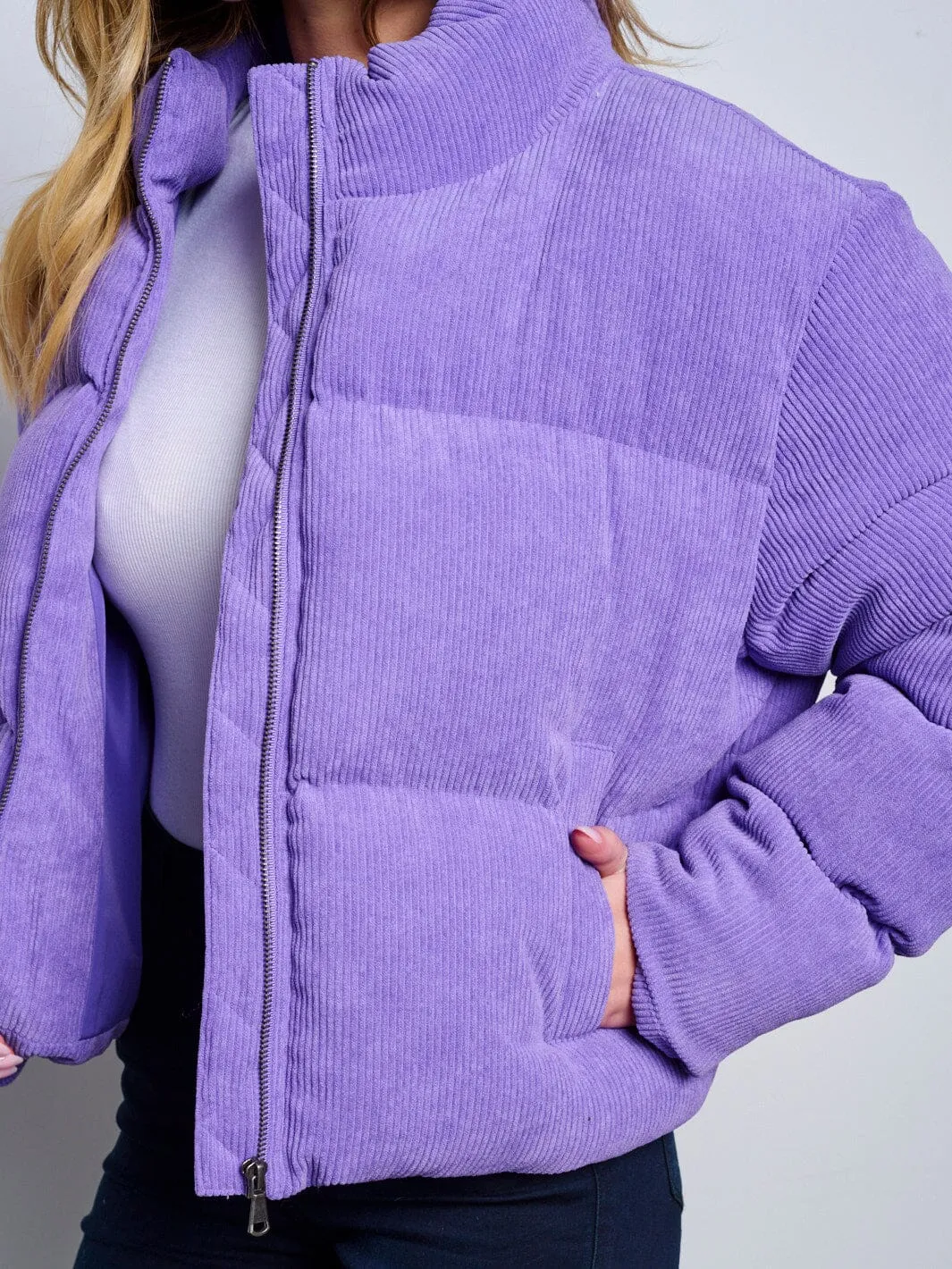 WOMEN'S LONG SLEEVE ZIP UP POCKETS PUFFER JACKET