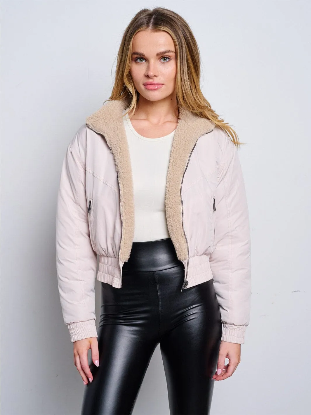 WOMEN'S LONG SLEEVE ZIP UP POCKETS SHERPA REVERSIBLE JACKET