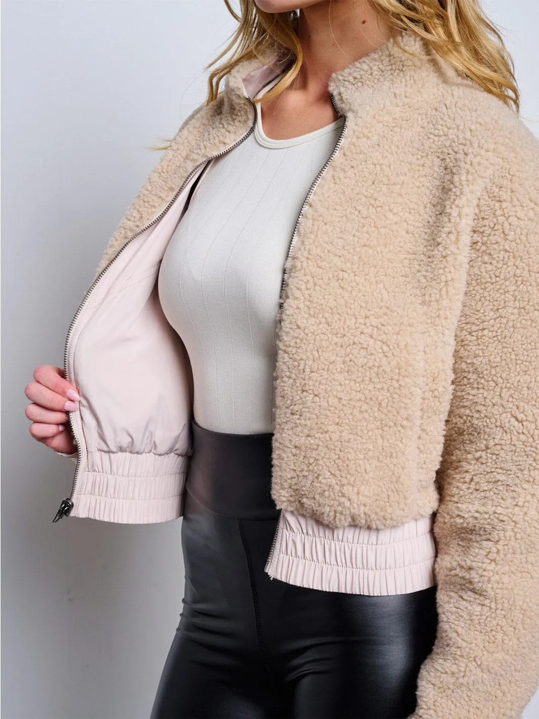 WOMEN'S LONG SLEEVE ZIP UP POCKETS SHERPA REVERSIBLE JACKET