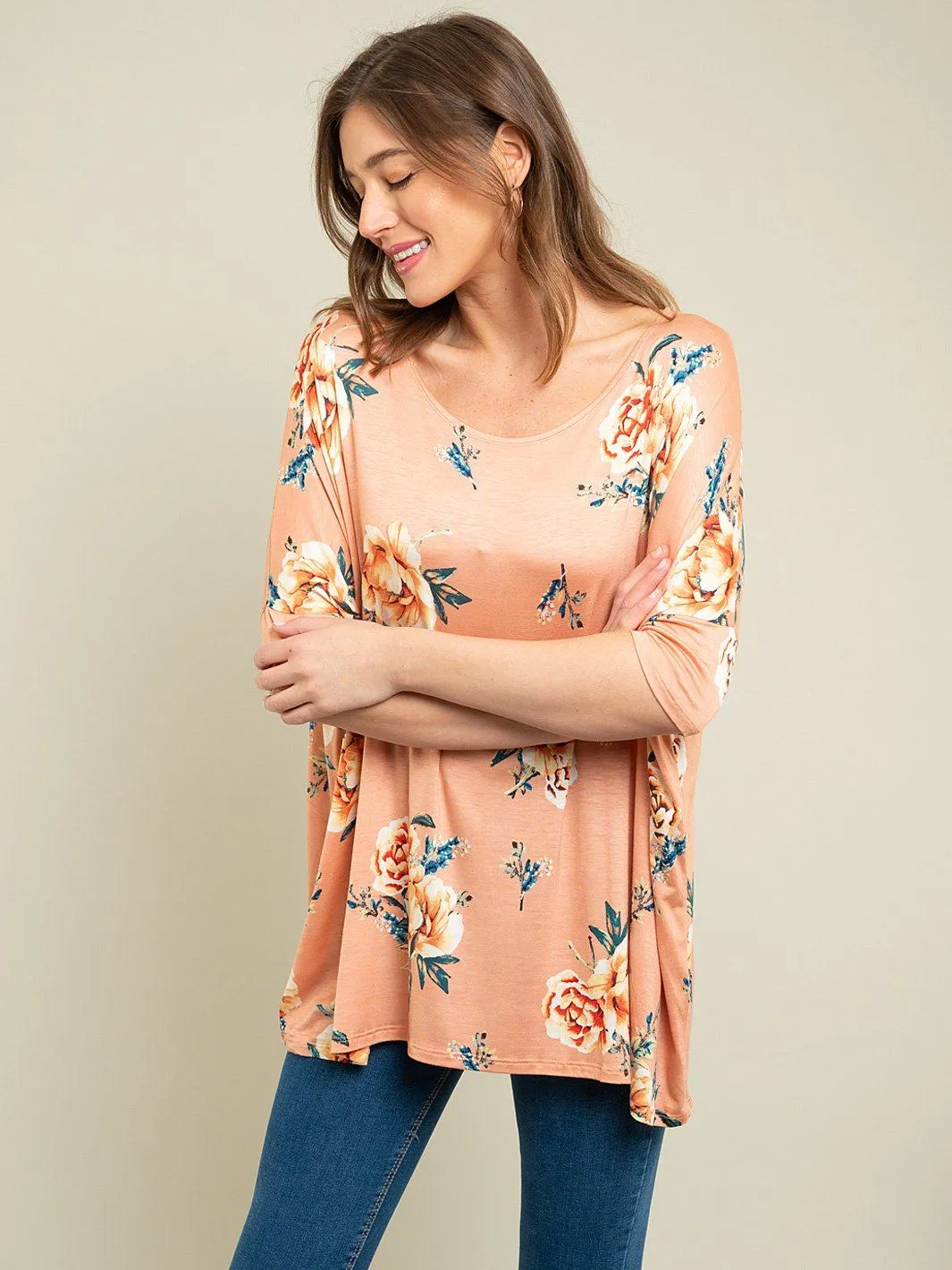 WOMEN'S PEACH FLORAL TUNIC TOP