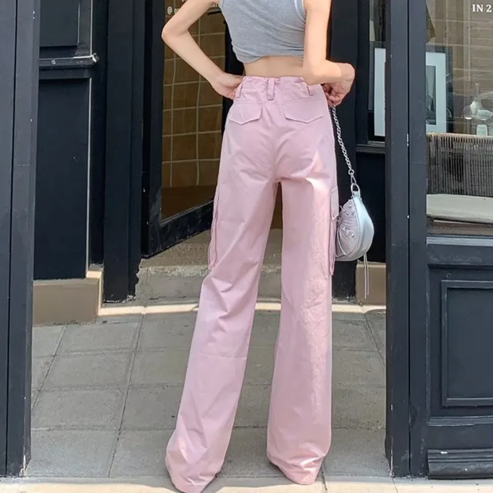 Women's Pink High Waist Straight Cargo Pants