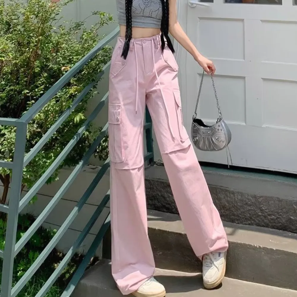 Women's Pink High Waist Straight Cargo Pants