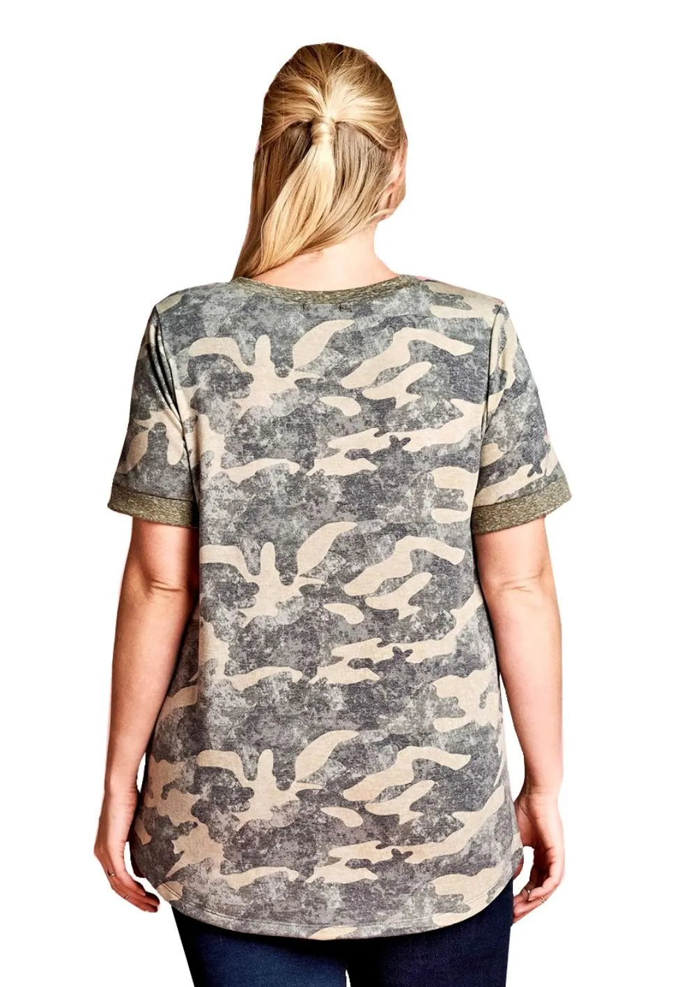 Women's Plus Size Camouflage Short Sleeved Knit Tunic Top