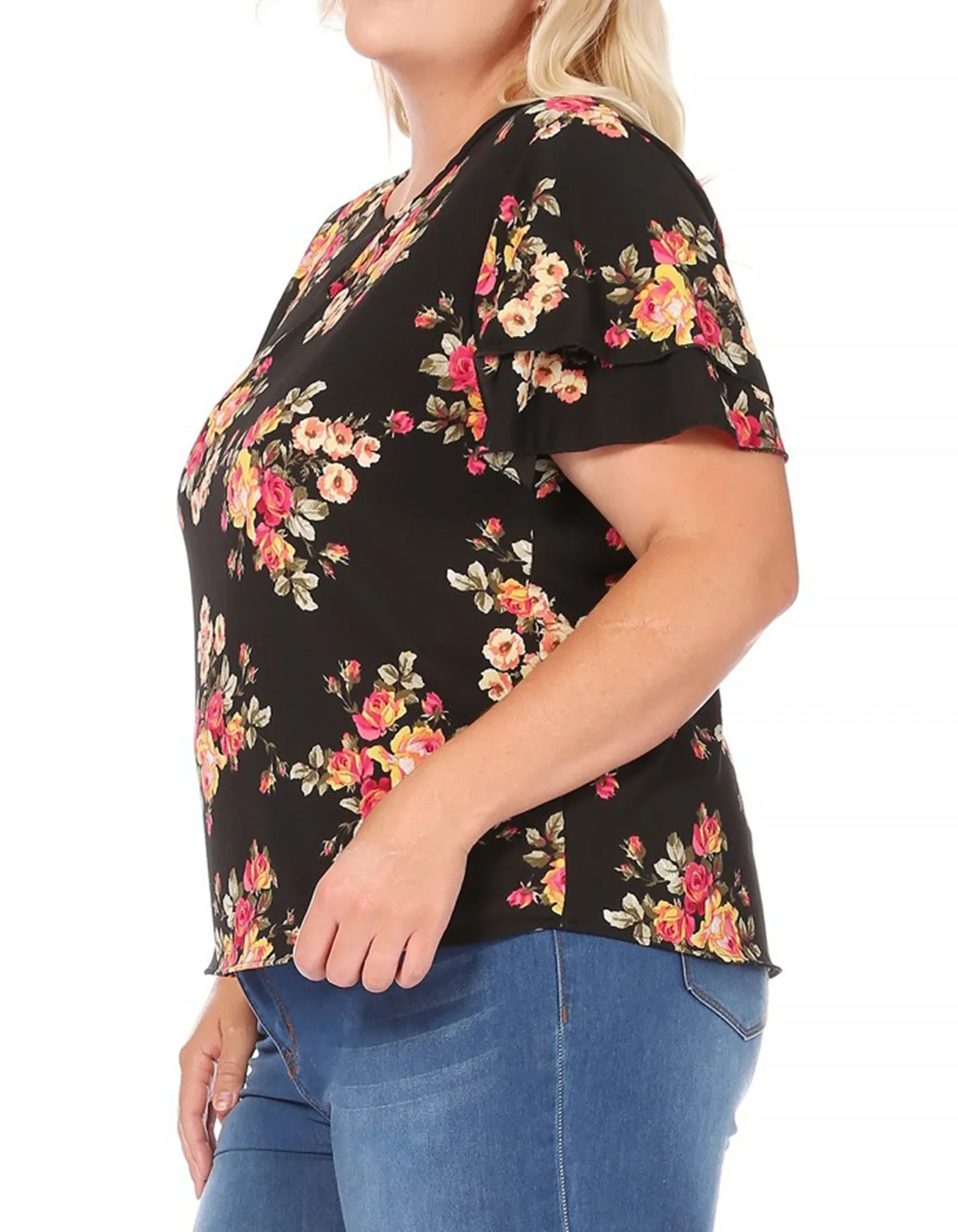 Women's Plus Size Casual Floral Flowy Short Sleeve Round Neck Key Hole Tee Blouse Top