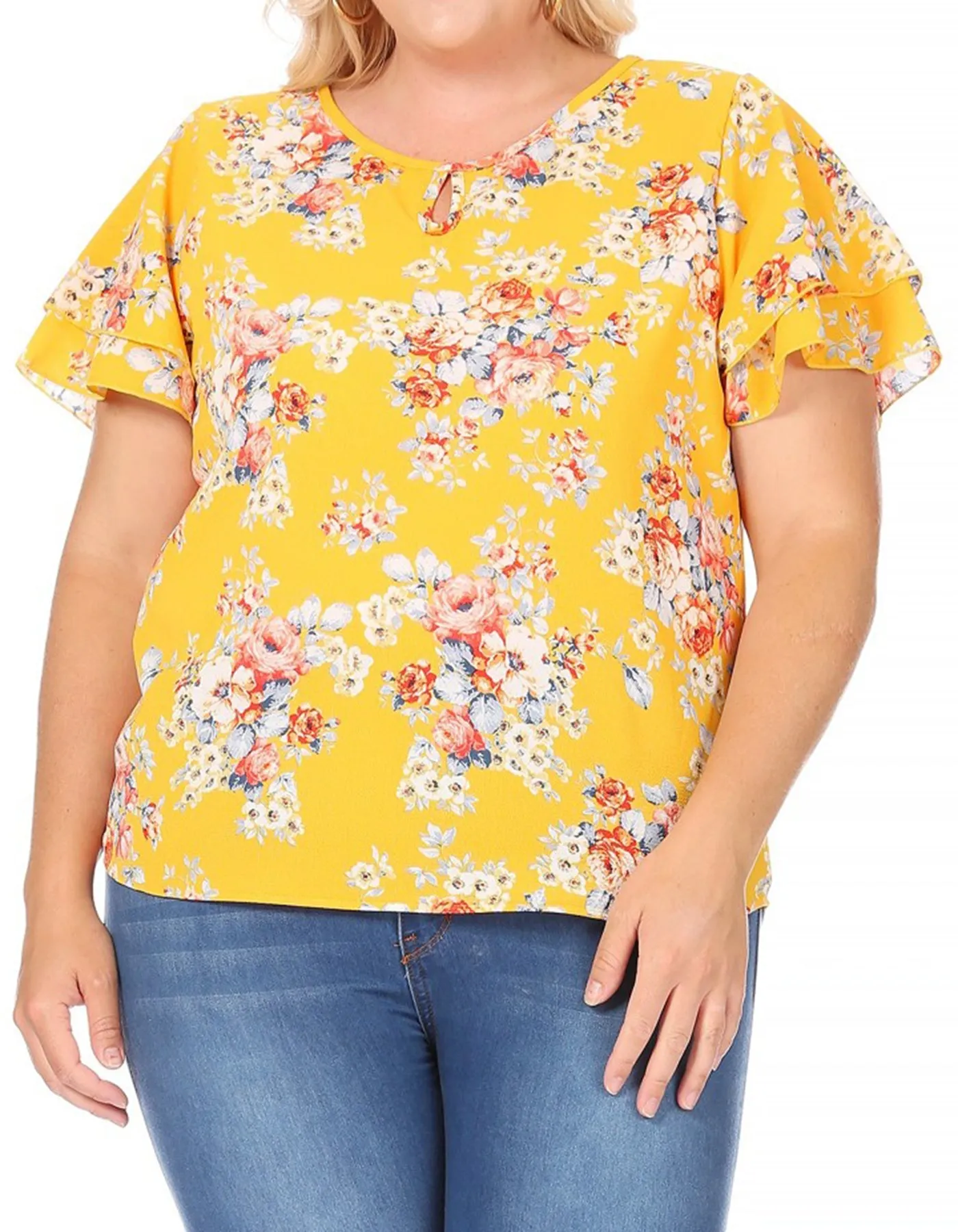 Women's Plus Size Casual Floral Flowy Short Sleeve Round Neck Key Hole Tee Blouse Top