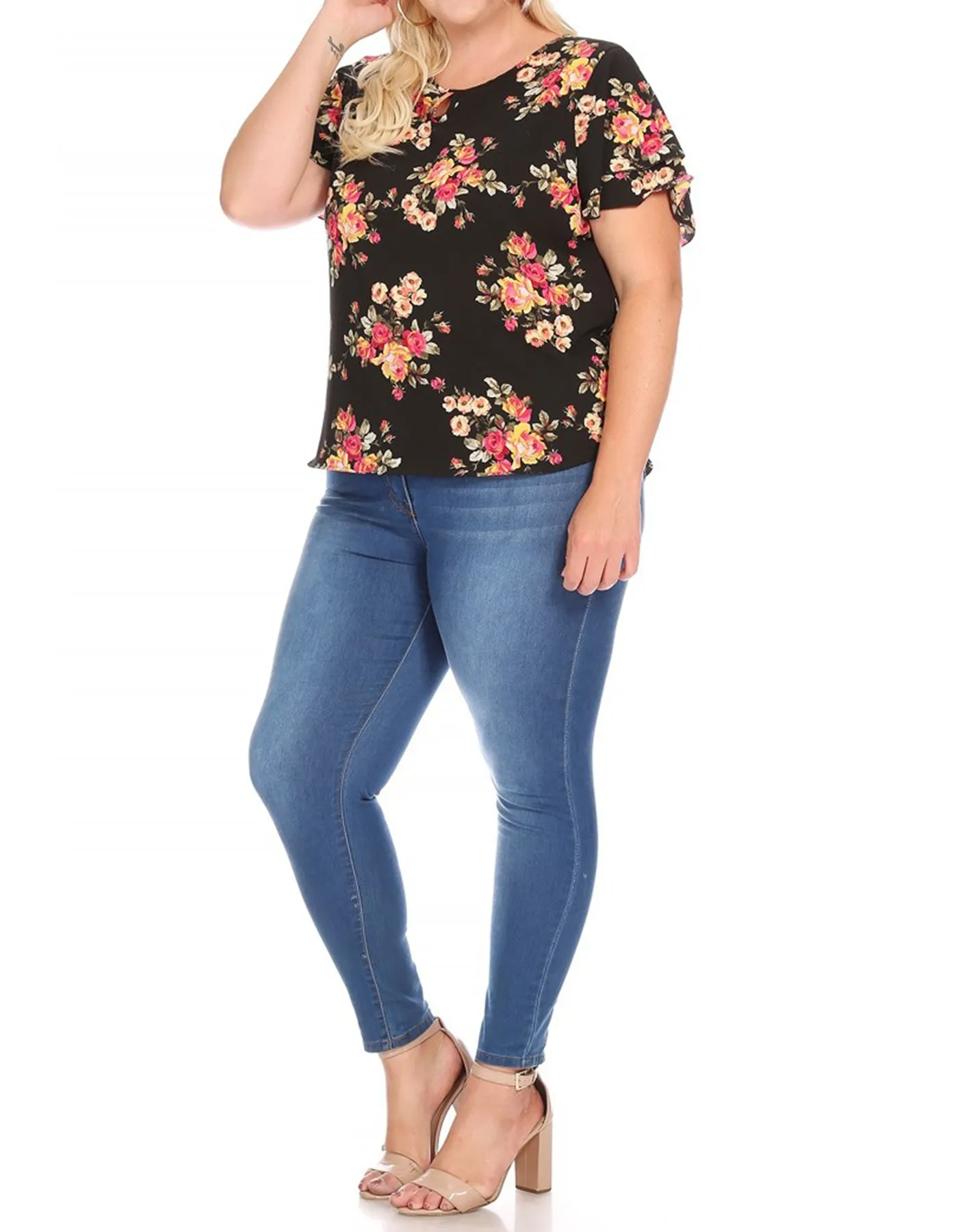 Women's Plus Size Casual Floral Flowy Short Sleeve Round Neck Key Hole Tee Blouse Top