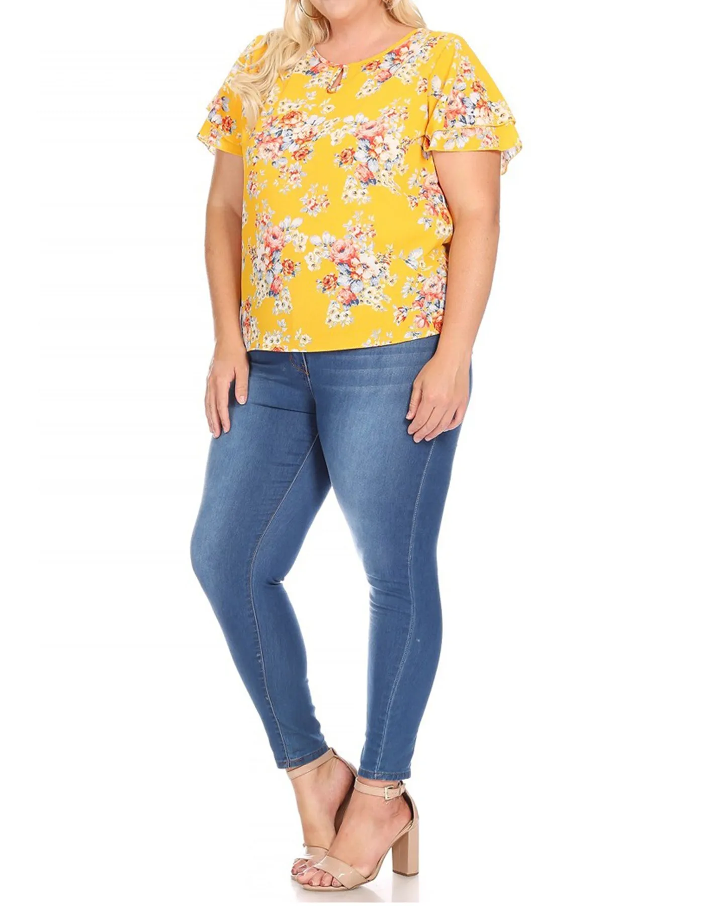 Women's Plus Size Casual Floral Flowy Short Sleeve Round Neck Key Hole Tee Blouse Top