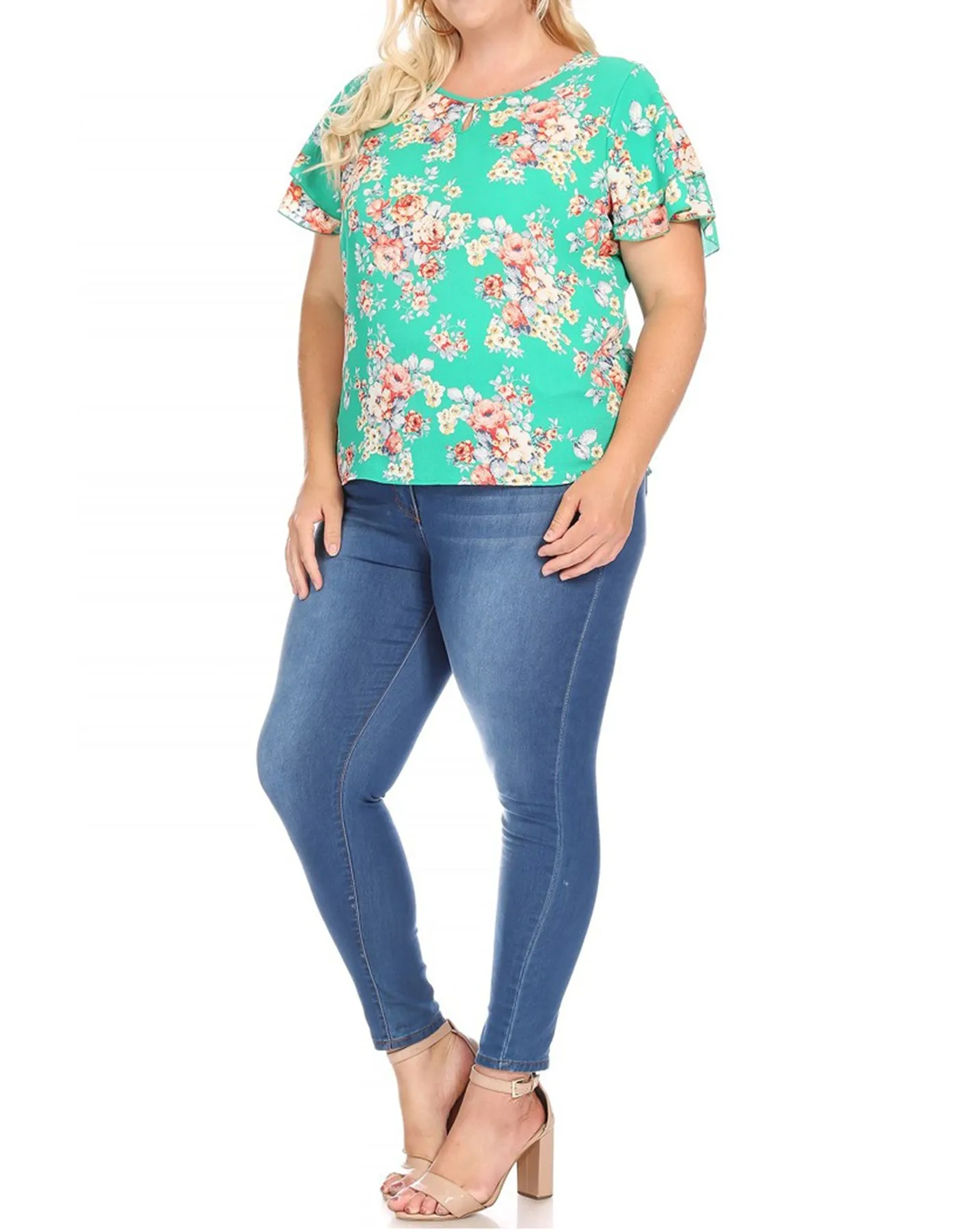 Women's Plus Size Casual Floral Flowy Short Sleeve Round Neck Key Hole Tee Blouse Top