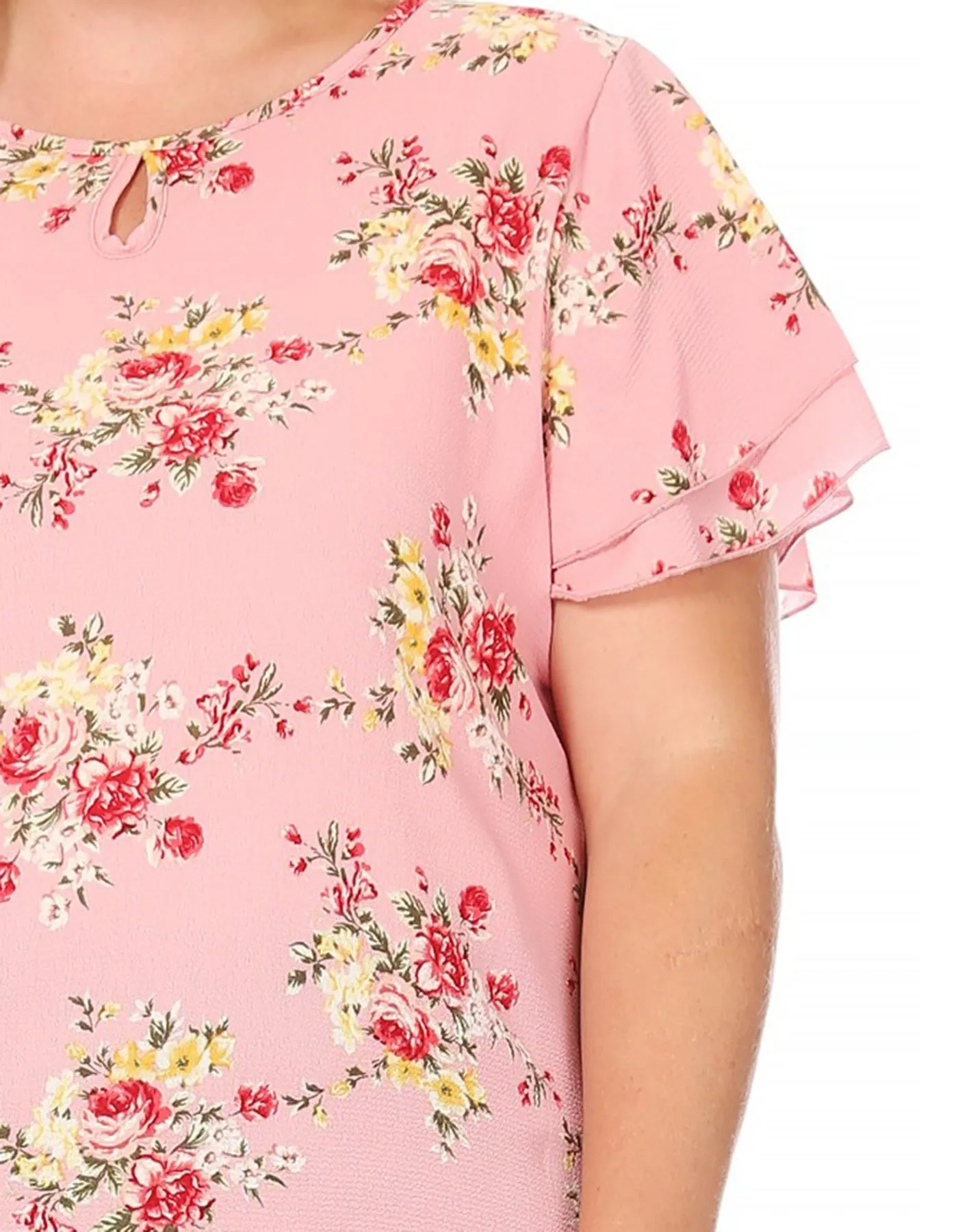 Women's Plus Size Casual Floral Flowy Short Sleeve Round Neck Key Hole Tee Blouse Top