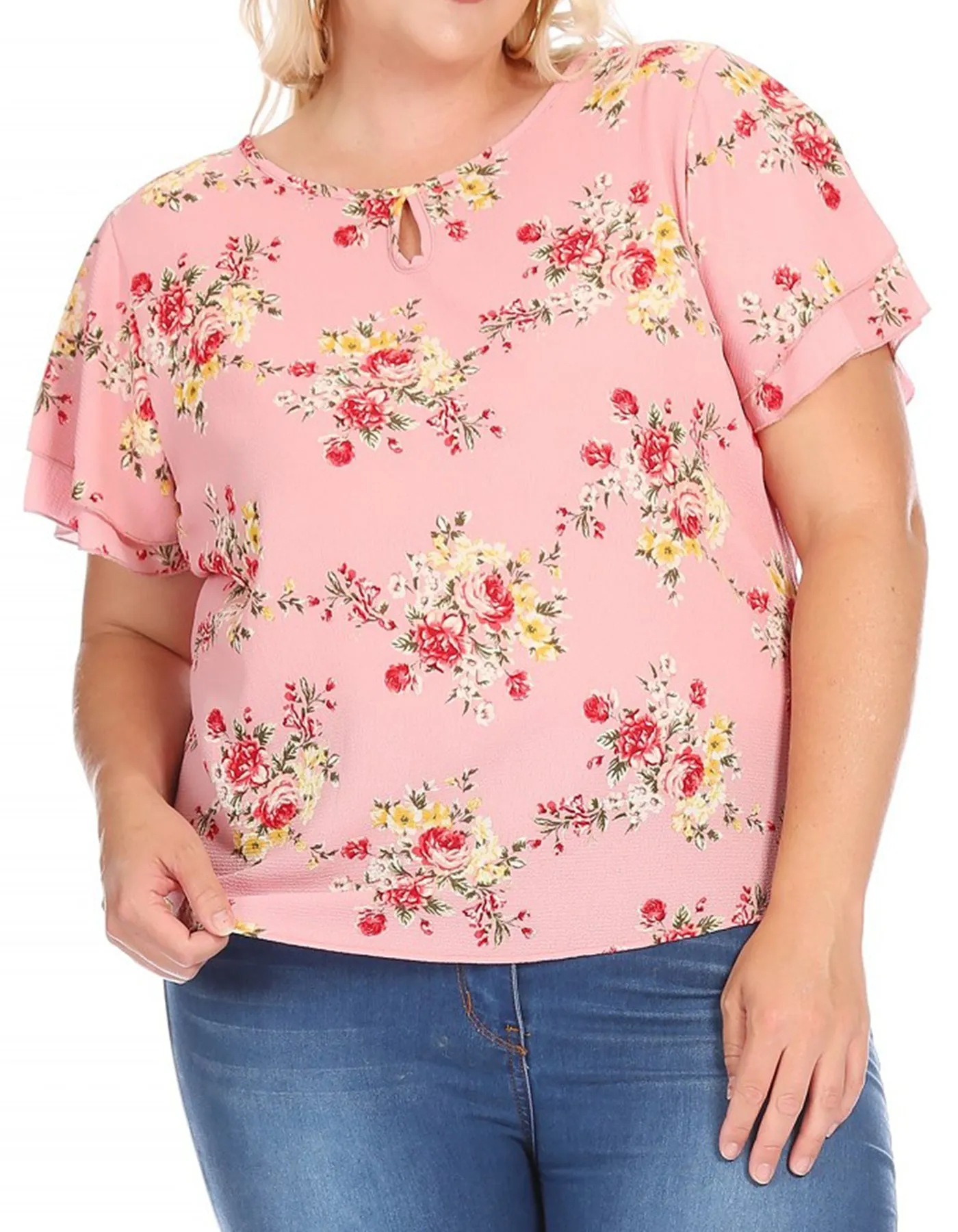 Women's Plus Size Casual Floral Flowy Short Sleeve Round Neck Key Hole Tee Blouse Top