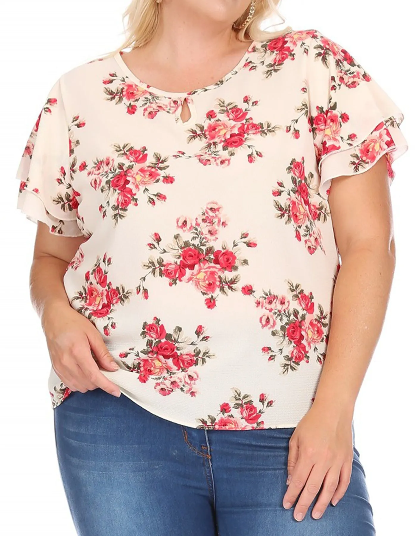 Women's Plus Size Casual Floral Flowy Short Sleeve Round Neck Key Hole Tee Blouse Top