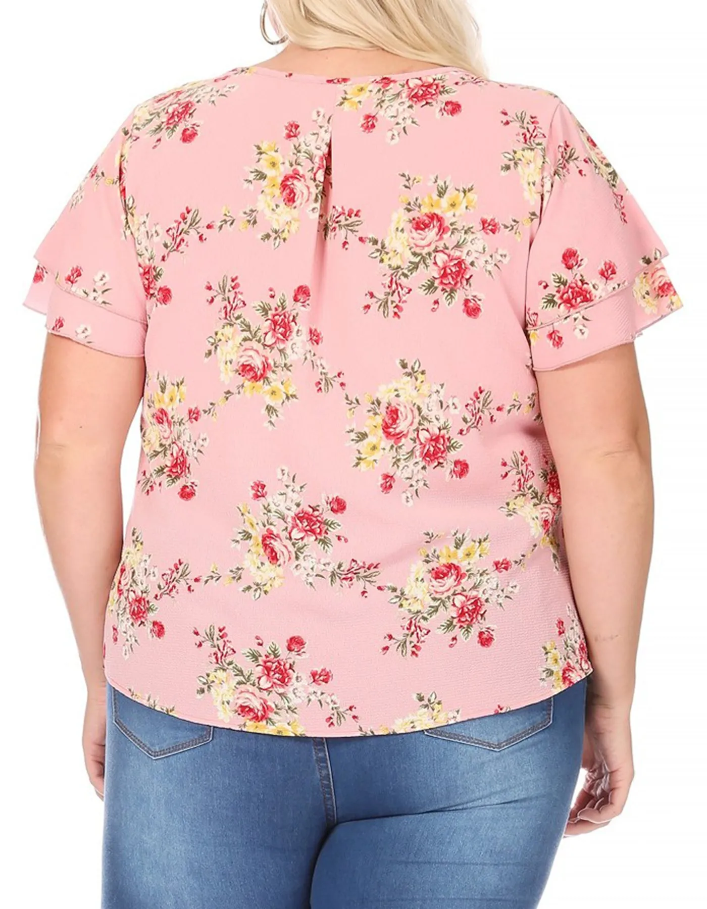 Women's Plus Size Casual Floral Flowy Short Sleeve Round Neck Key Hole Tee Blouse Top