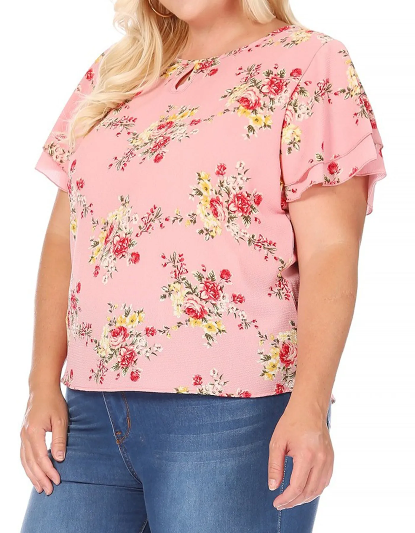 Women's Plus Size Casual Floral Flowy Short Sleeve Round Neck Key Hole Tee Blouse Top