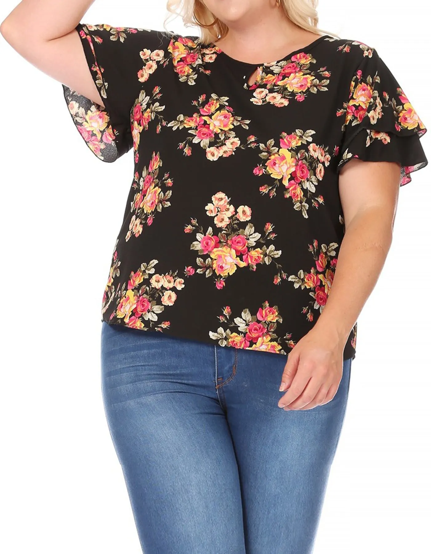 Women's Plus Size Casual Floral Flowy Short Sleeve Round Neck Key Hole Tee Blouse Top