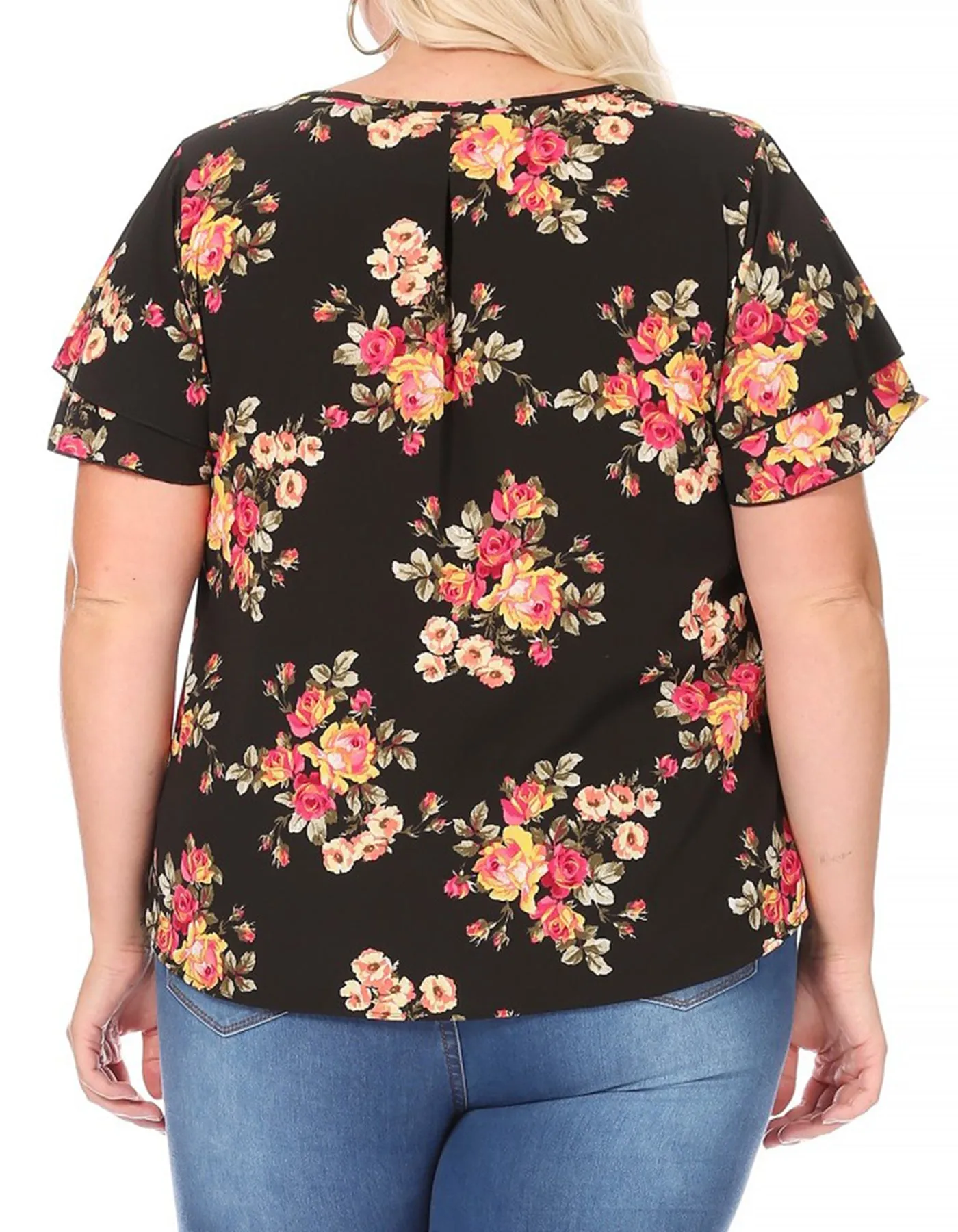 Women's Plus Size Casual Floral Flowy Short Sleeve Round Neck Key Hole Tee Blouse Top