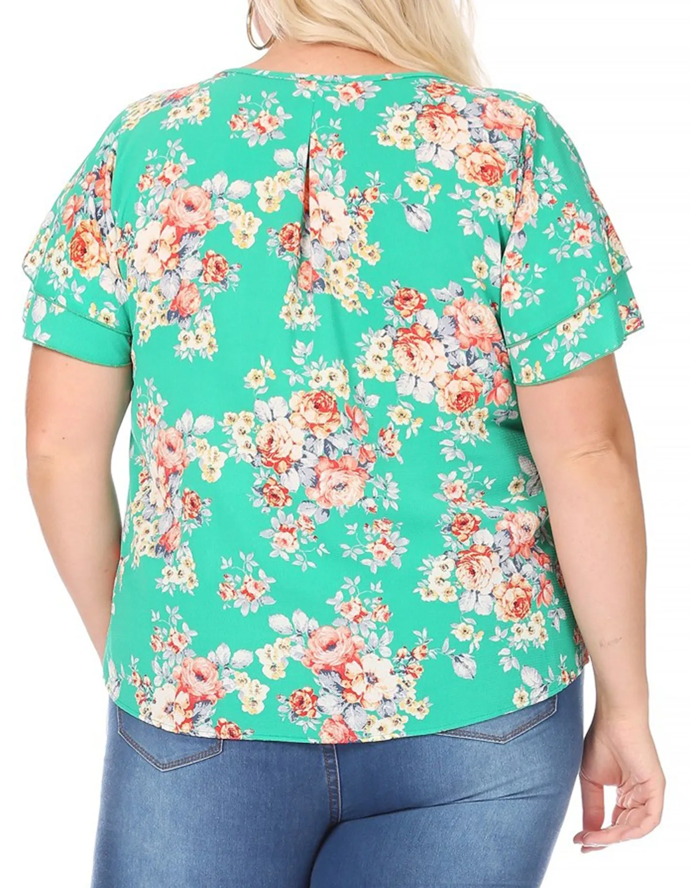 Women's Plus Size Casual Floral Flowy Short Sleeve Round Neck Key Hole Tee Blouse Top