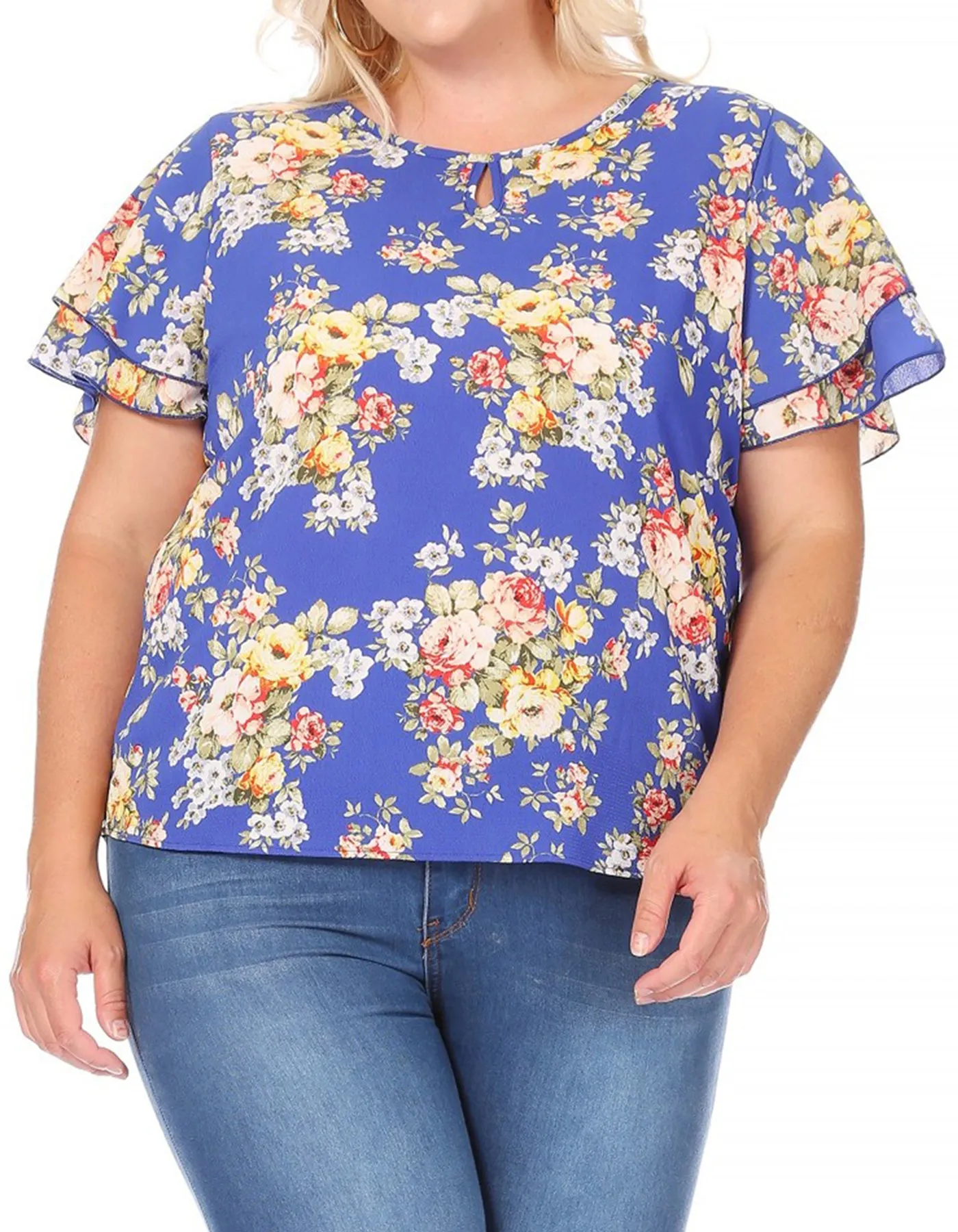 Women's Plus Size Casual Floral Flowy Short Sleeve Round Neck Key Hole Tee Blouse Top