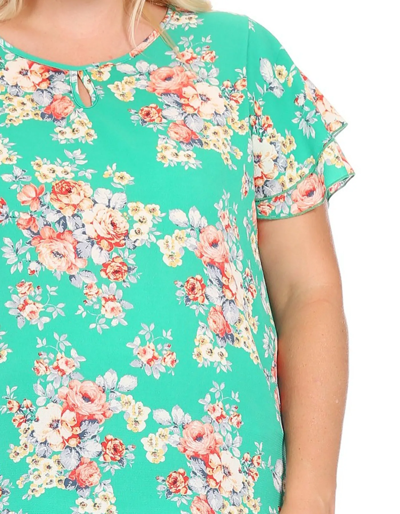 Women's Plus Size Casual Floral Flowy Short Sleeve Round Neck Key Hole Tee Blouse Top