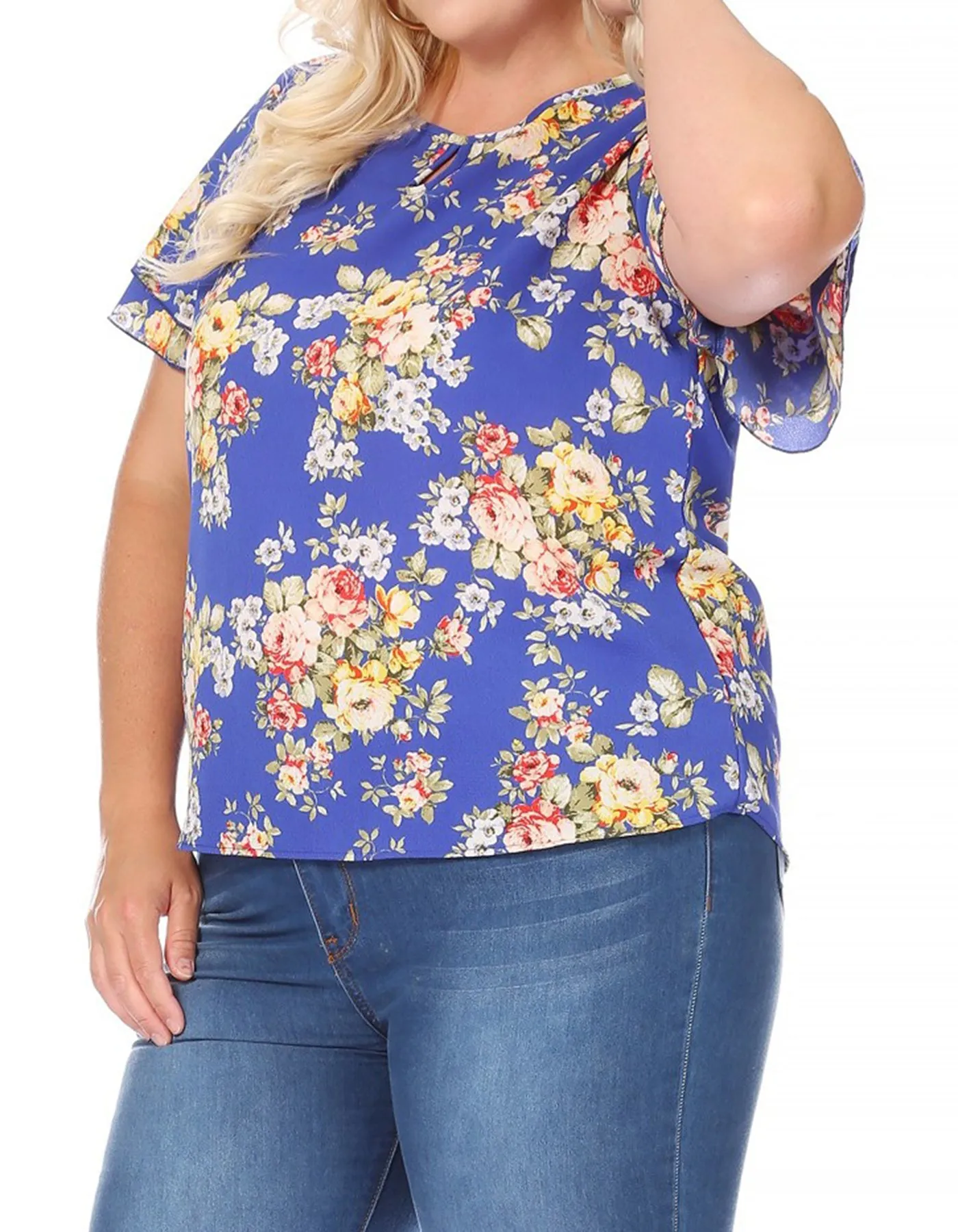 Women's Plus Size Casual Floral Flowy Short Sleeve Round Neck Key Hole Tee Blouse Top