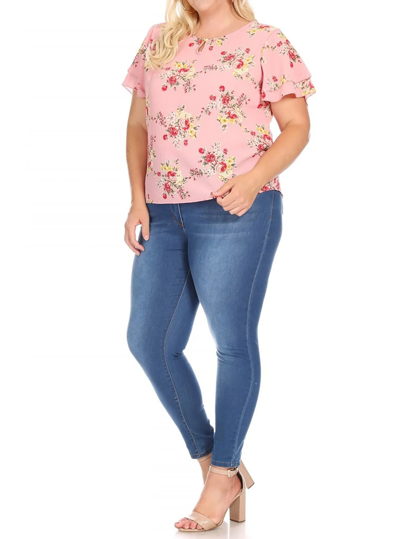 Women's Plus Size Casual Floral Flowy Short Sleeve Round Neck Key Hole Tee Blouse Top