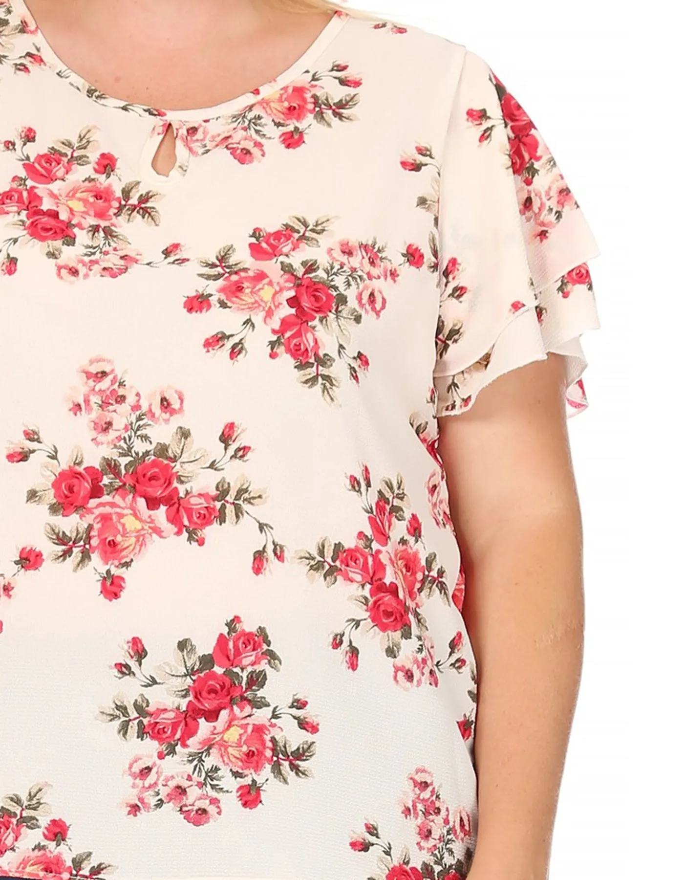 Women's Plus Size Casual Floral Flowy Short Sleeve Round Neck Key Hole Tee Blouse Top