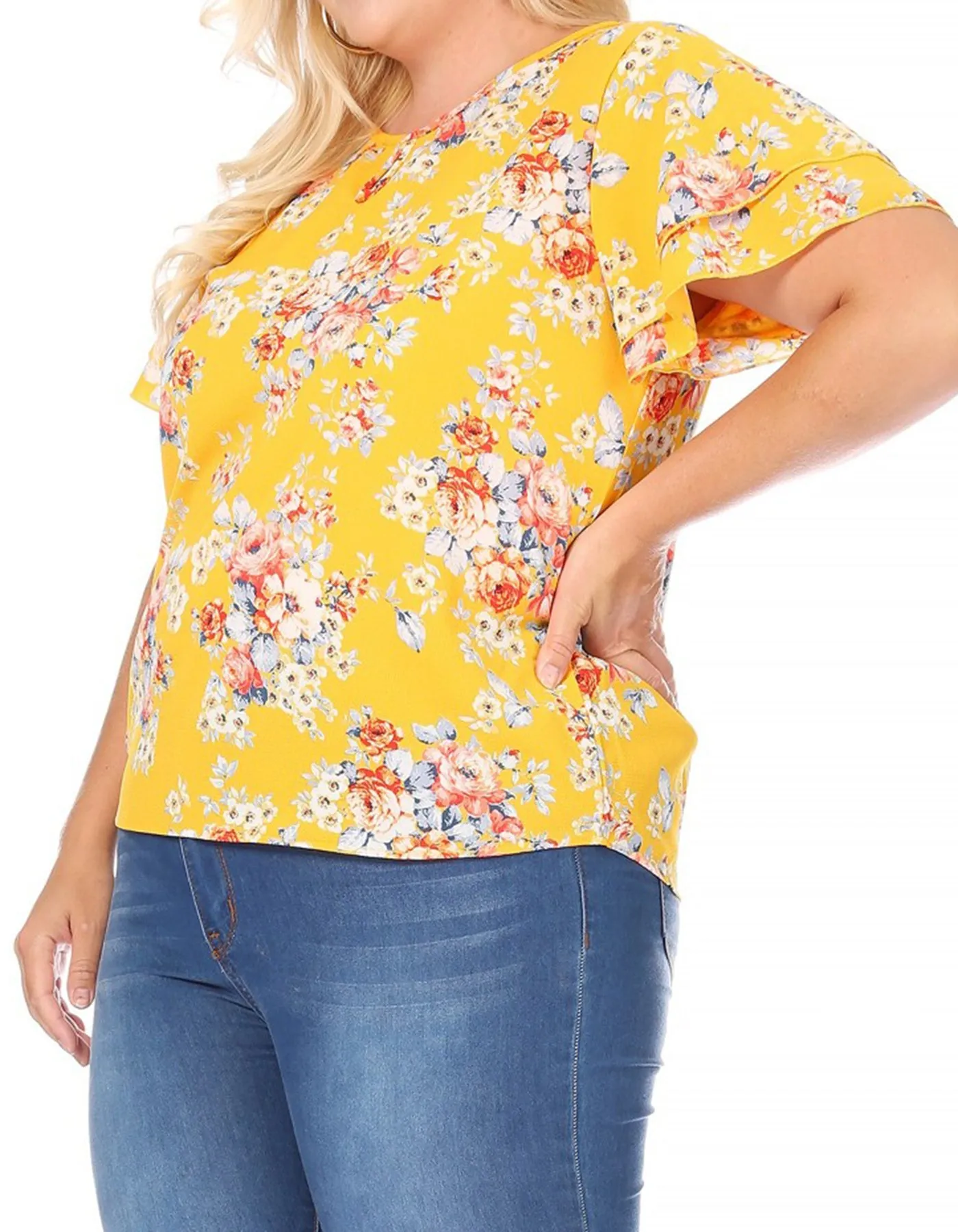 Women's Plus Size Casual Floral Flowy Short Sleeve Round Neck Key Hole Tee Blouse Top