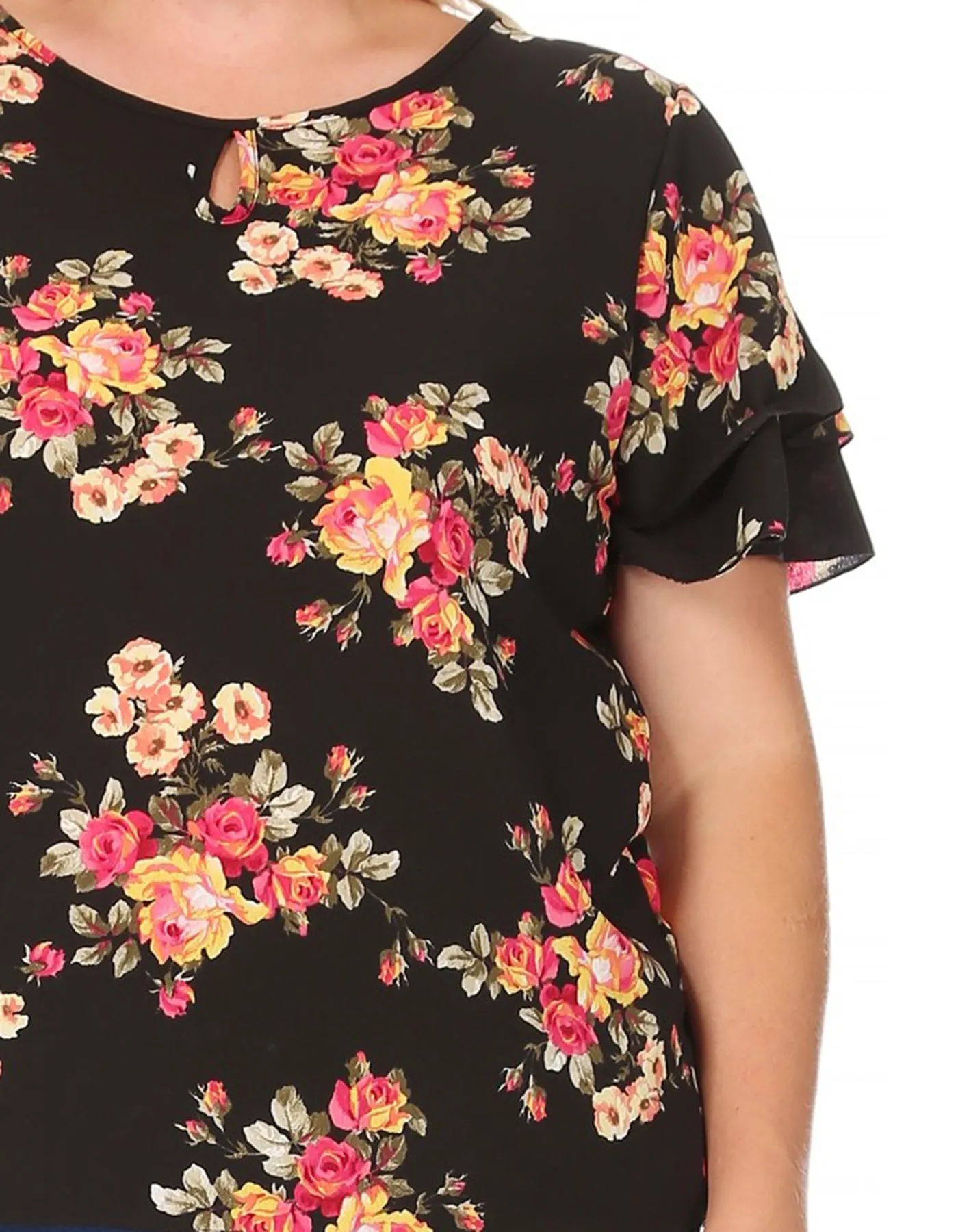 Women's Plus Size Casual Floral Flowy Short Sleeve Round Neck Key Hole Tee Blouse Top